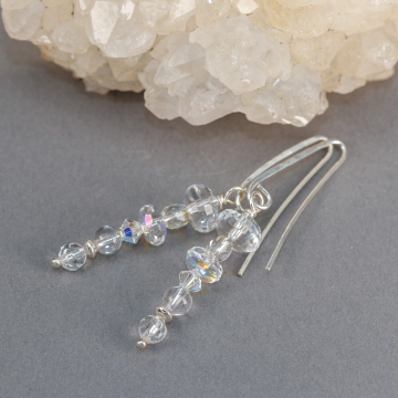 Winter Holiday Beaded Earrings, Quartz and Glass Crystal Icicle Earrings