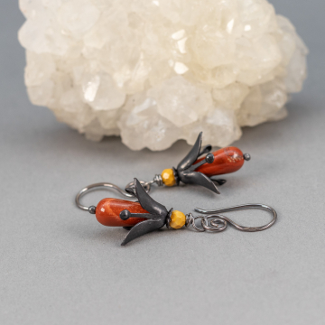Red Jasper Earrings, Lily Flower Earrings with Jasper Stones