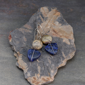 Sodalite Earrings with Beige Jasper, Sterling Silver Wire Wrap Blue Stone Earrings with Nickel-free Niobium Hooks