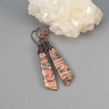 Dramatic Stone Tablet Earrings, Striking Red and Brown Jasper Earrings in Copper