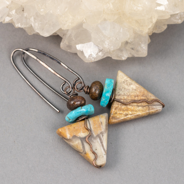 Brown Stone Geometric Tribal Earrings with Jasper Bronzite and Turquoise Natural Stones