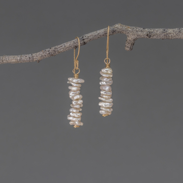 White Keshi Pearl Earrings in Yellow Gold, Stacked Keshi Pearls, Slipless Twisted Wire Ear Hooks Gold Filled