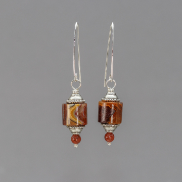 Red Laguna Lace Agate Earrings, Cylindrical Beaded Earrings in Silver