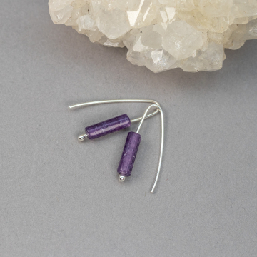 Modern Wire Threader Earrings, Sleek and Dainty Drop Earrings with Purple Stones