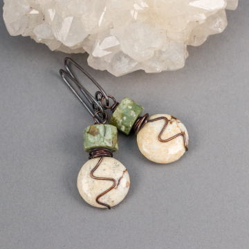 Unique Natural Stone Earrings, Magnesite Earrings in Copper with Rainforest Jasper