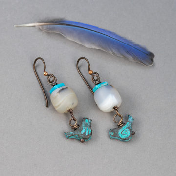 Little Bird Dangle Earrings with Turquoise and Agate Natural Stones