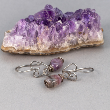 Niobium Heart Earrings with Cacoxenite in Amethyst Stones