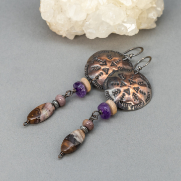 Western Style Textured Copper Mandala Earrings with Jasper and Amethyst Natural Stones