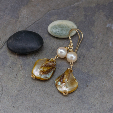 Freshwater Pearl and Shell Dangle Earrings, 14k Gold Filled Earrings