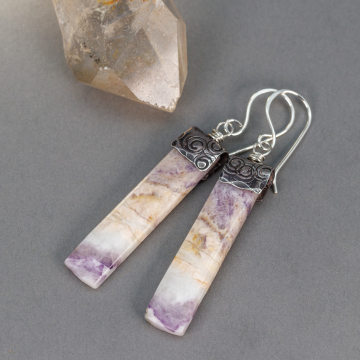 Purple Natural Stone Slab Earrings, Marbled Look Purple and White Stone Earrings with Textured Silver Accent