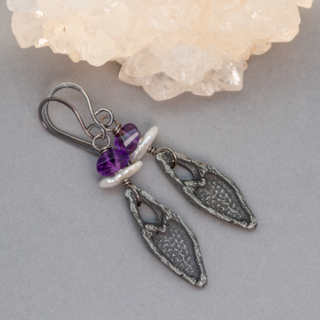 Rustic Heart Dangle Earrings, Pearl and Amethyst Gemstone Earrings with Pewter Heart Charms