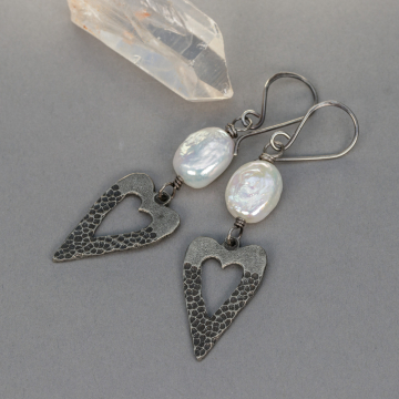 Pebble Textured Heart Earrings with Rainbow Luster Pearls, White Coin Pearl Earrings with Pewter Heart Dangles