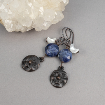 Man-in-the-Moon Dangle Earrings with Blue Sodalite and Mother of Pearl, Handmade in Copper
