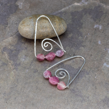 Sterling Silver Wire Threader Earrings with Pink Tourmaline Stones, Triangular Drop Earrings with Pink Gemstones