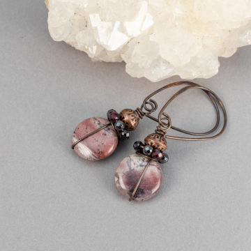 Jasper Earrings in Burgundy and Gray Colors, Copper Wire Wrapped Natural Gemstone Earrings