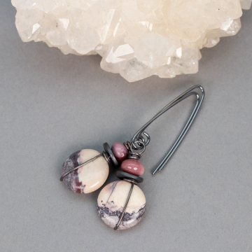 White Gray and Mauve Jasper Earrings, Wintery Scene Earrings with Porcelain Jasper, Mookaite, and Hematite Natural Stones