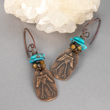 Primitive Art Bird Earrings, Turquoise and Tourmaline Earrings with Artisan Pewter Charms