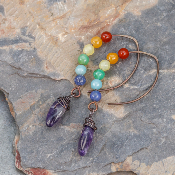 Nickel-free Rainbow Gemstone Earrings, Rustic Rainbow Earrings in Niobium and Copper