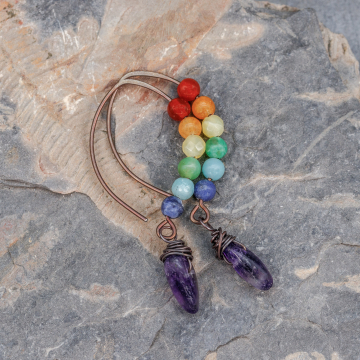 Nickel-free Rainbow Gemstone Earrings, Rustic Rainbow Earrings in Niobium and Copper