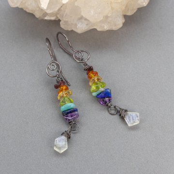 Gemstone Chip Earrings in Rainbow Colors, Genuine Natural Stone Dangle Earrings