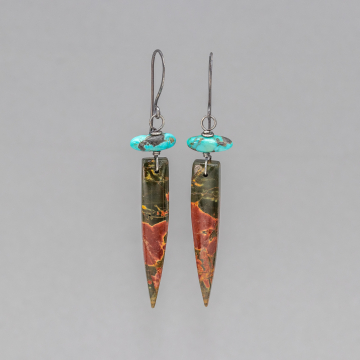 Stone Dagger Earrings in Sterling Silver, Red Creek Jasper Earrings and Nevada Turquoise Earrings