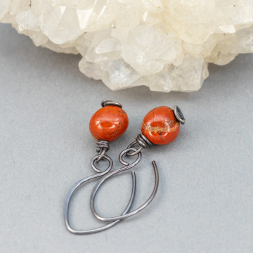 Red Jasper Pebble Earrings in Sterling Silver, Small Rustic Single Stone Dangle Earrings