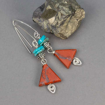 Red Jasper and Turquoise Earrings in Sterling Silver, Triangle Dangle Earrings