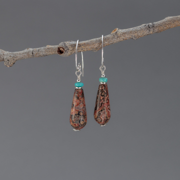 Long Elegant Natural Stone Teardrop Earrings, Sterling Silver Red Leopardskin Jasper Earrings with Campitos Turquoise