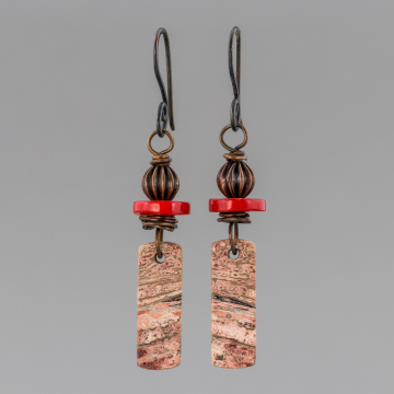 Earthy Pink and Brown Natural Stone Earrings, Copper Earrings with Rhyolite and Red Coral