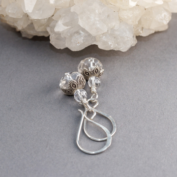 Dainty Rock Crystal Drop Earrings with Thai Hill Tribes Fine Silver, Snowflake Crystal Earrings
