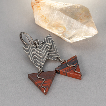 Geometric Dangle Earrings, Triangle Earrings with Red Tiger Iron Jasper Stones and Hand Cast Pewter