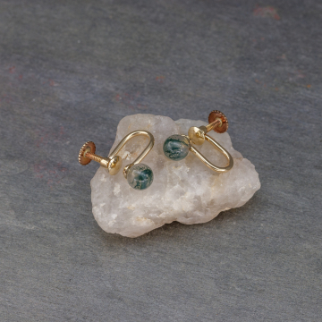 Moss Agate Gemstone Sphere Earrings, Screw Back Nonpierced Earrings 12k Gold Filled