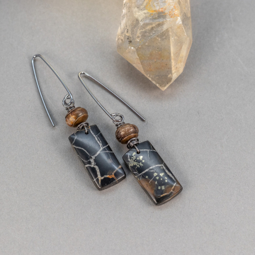 Septarian Stone Earrings, Black and Brown Stone Fossil Earrings