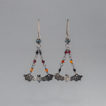 Handcrafted Bat Earrings with Garnet and Spinel Gemstones, Sterling Silver Bat Dangle Earrings