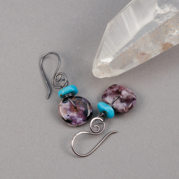 Unusual Charoite Earrings, Purple and Turquoise Blue Stone Earrings in Sterling Silver