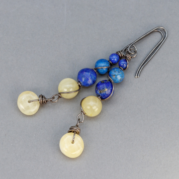 Blue and Yellow Natural Stone Earrings, Sterling Silver Sinuous Wrap Earrings with Lapis, Quartz, and Calcite
