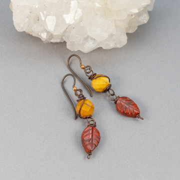 Dainty Jasper Leaf Earrings, Earthy Red and Yellow Stone Earrings Nickel Free