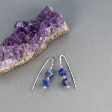 Small Drop Earrings with Blue Sodalite Natural Stones, Blue Stone Earrings in Sterling Silver