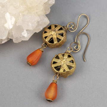 Rustic Brass Dangle Earrings with African Brass Beads and Agate Stone Drops
