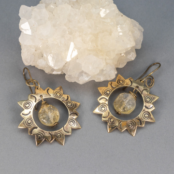 Hand Stamped Brass Sun Earrings with Raw Citrine Stone