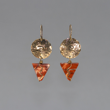 Textured Brass Circle Earrings with Red Jasper Triangles, Geometric Stylized Sun Earrings