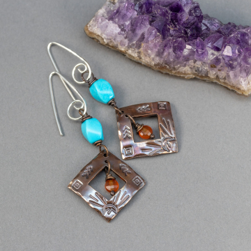 Handcrafted Copper Dangle Earrings with Mountain Sun Design, Nacozari Turquoise, and Carnelian Gemstones