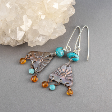 Turquoise Copper Gemstone Fringe Earrings, Mountain Sun Dangle Earrings
