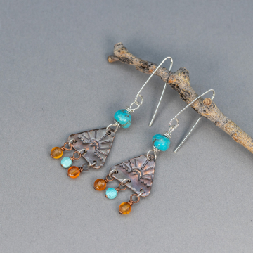 Turquoise Copper Gemstone Fringe Earrings, Mountain Sun Dangle Earrings