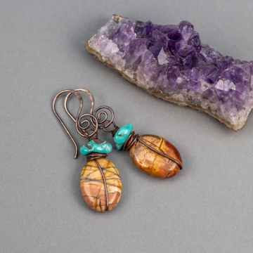 Turquoise and Red Creek Jasper Earrings, Copper Wire Wrap Red Stone Earrings