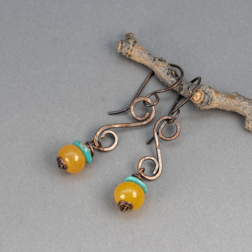 Yellow Aventurine Earrings in Copper, Golden Yellow Stone Small Dangle Earrings