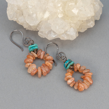 Sunstone and Turquoise Earrings, Boho Gemstone Chip Circle Earrings