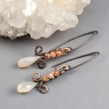 Handcrafted Rustic Copper Earrings with Sunstone and Moonstone