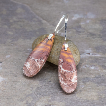 Orange White and Maroon Stone Earrings in Sterling Silver, Modern Drop Earrings with Sonoran Dendritic Rhyolite Stones