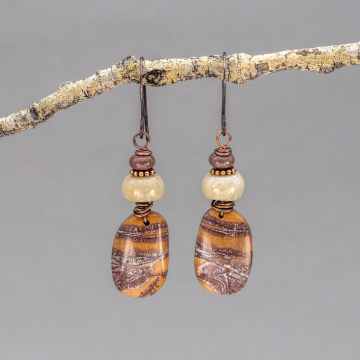 Mauve and Cheddar Orange Stone Earrings, Sonoran Dendritic Rhyolite Earrings in Copper